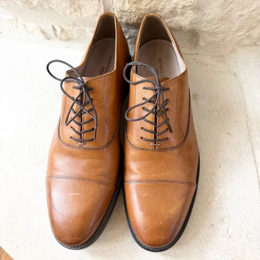 Banana Republic Mens Italian Leather Cap Toe Oxford Shoes Cognac Brown 11